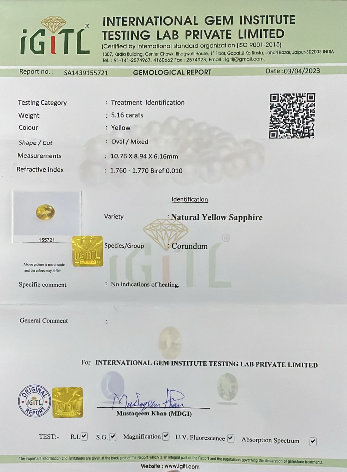 Natural Yellow Sapphire 5.16 cts