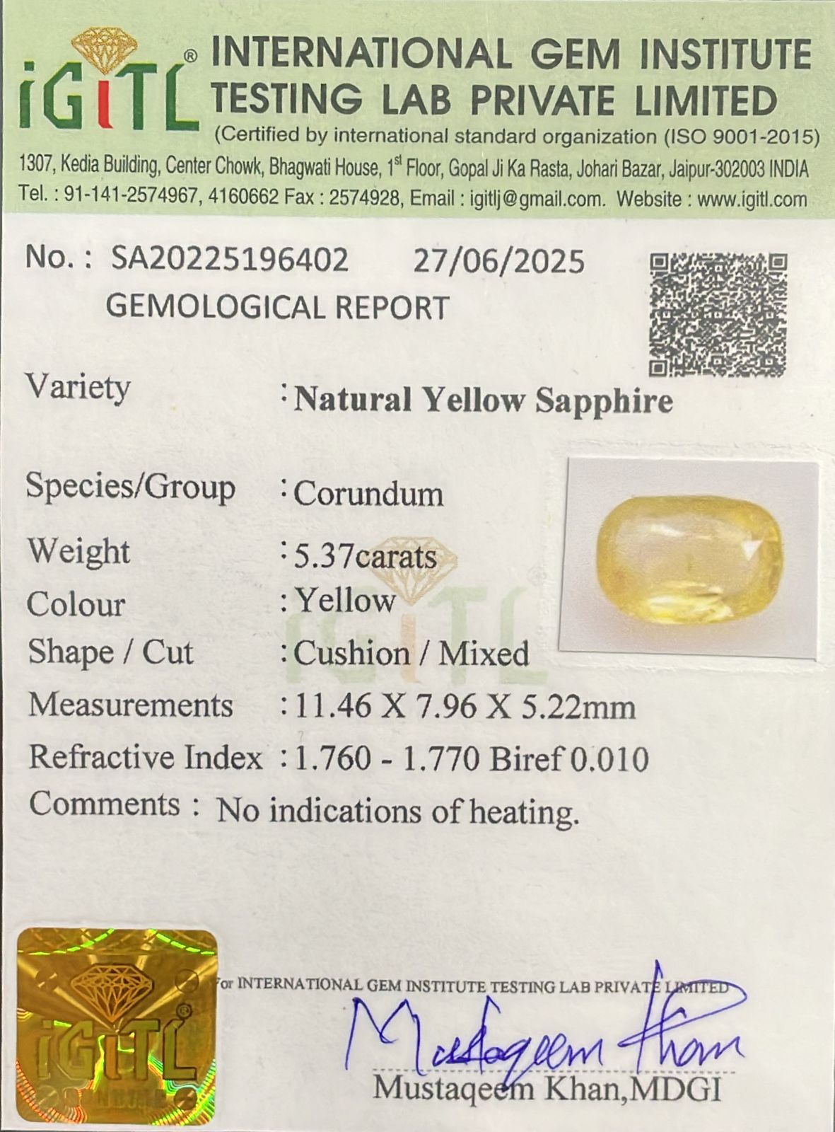Natural Yellow Sapphire 5.37 cts