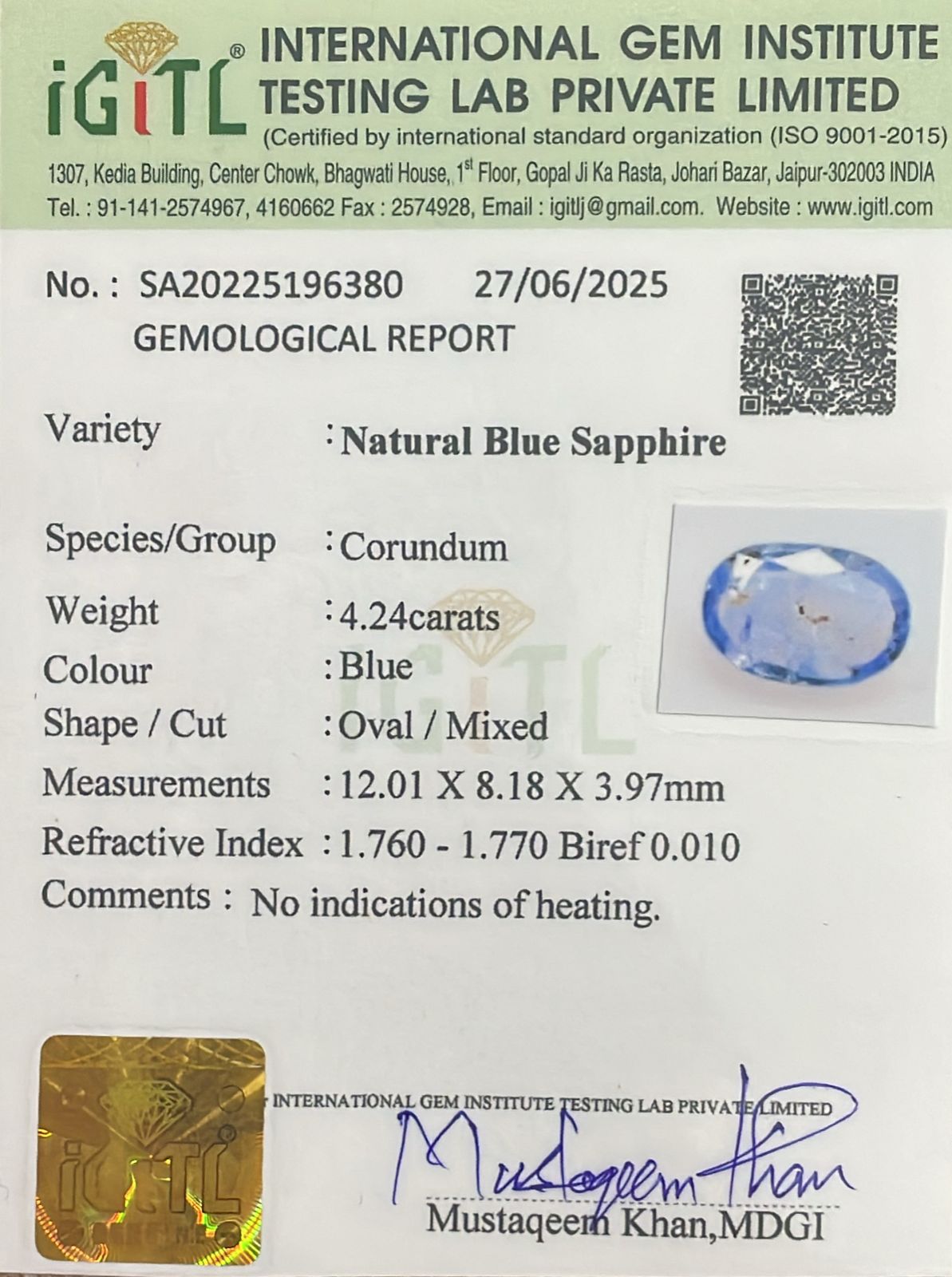 Natural Blue Sapphire 4.24 cts