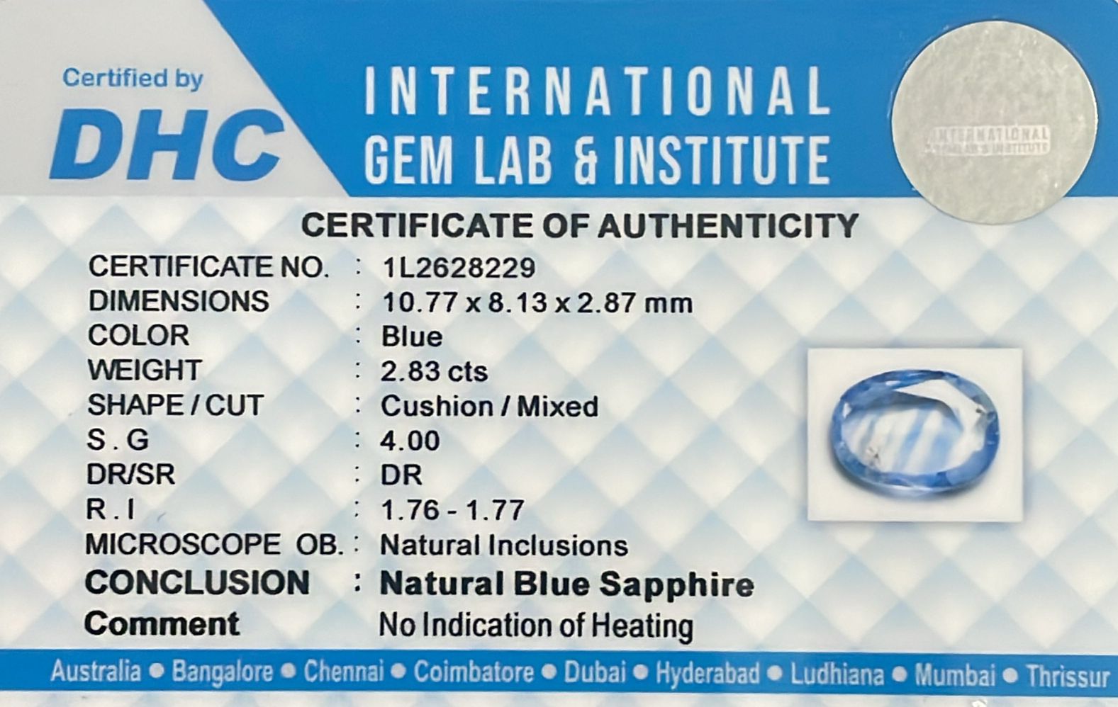 Natural Blue Sapphire 2.83 cts