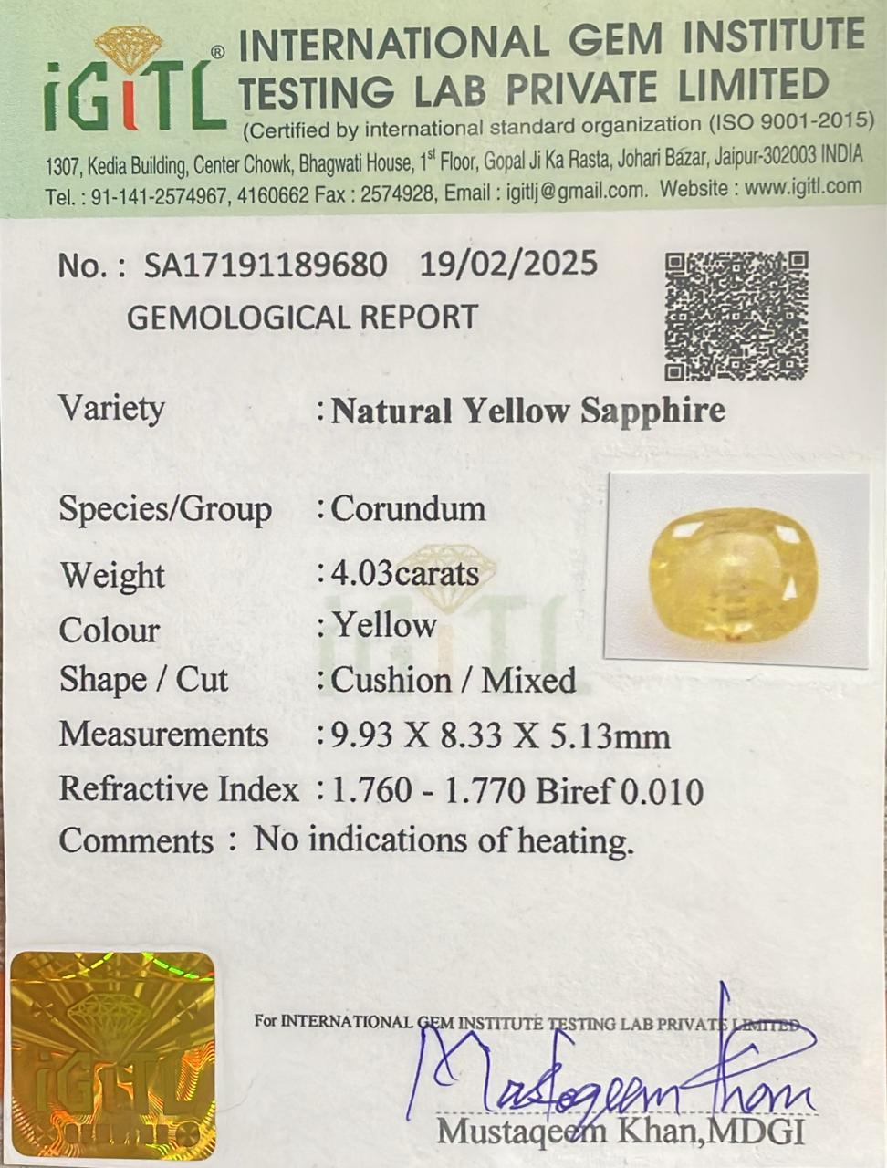 Natural Yellow Sapphire 4.03 cts