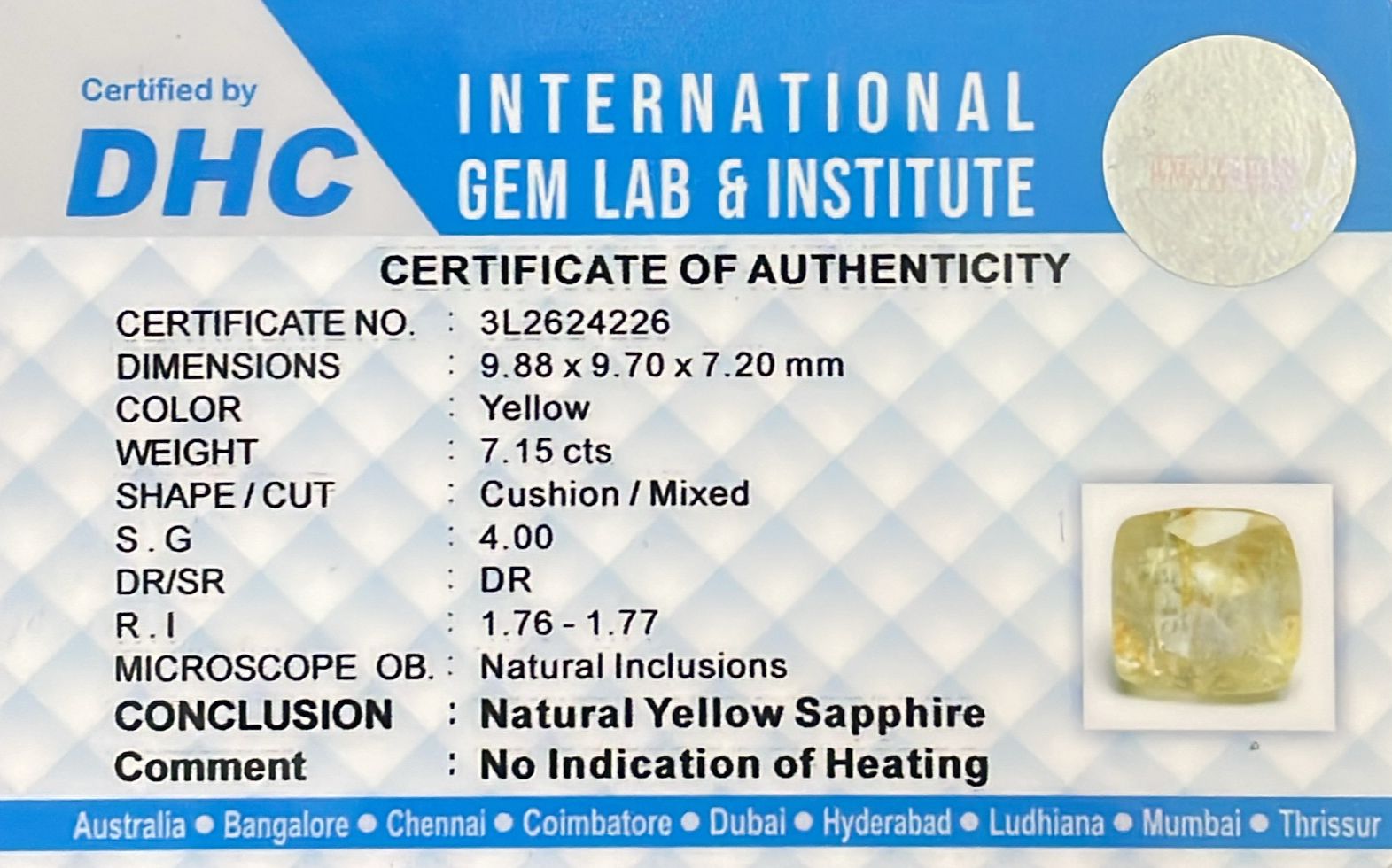 Natural Yellow Sapphire 7.15 cts