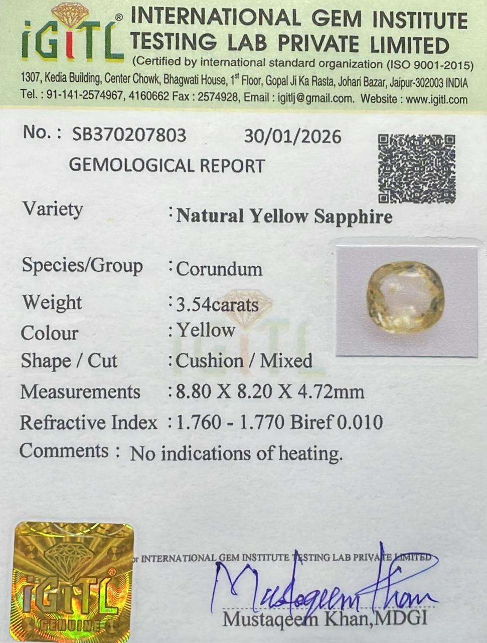 Natural Yellow Sapphire 3.54 cts