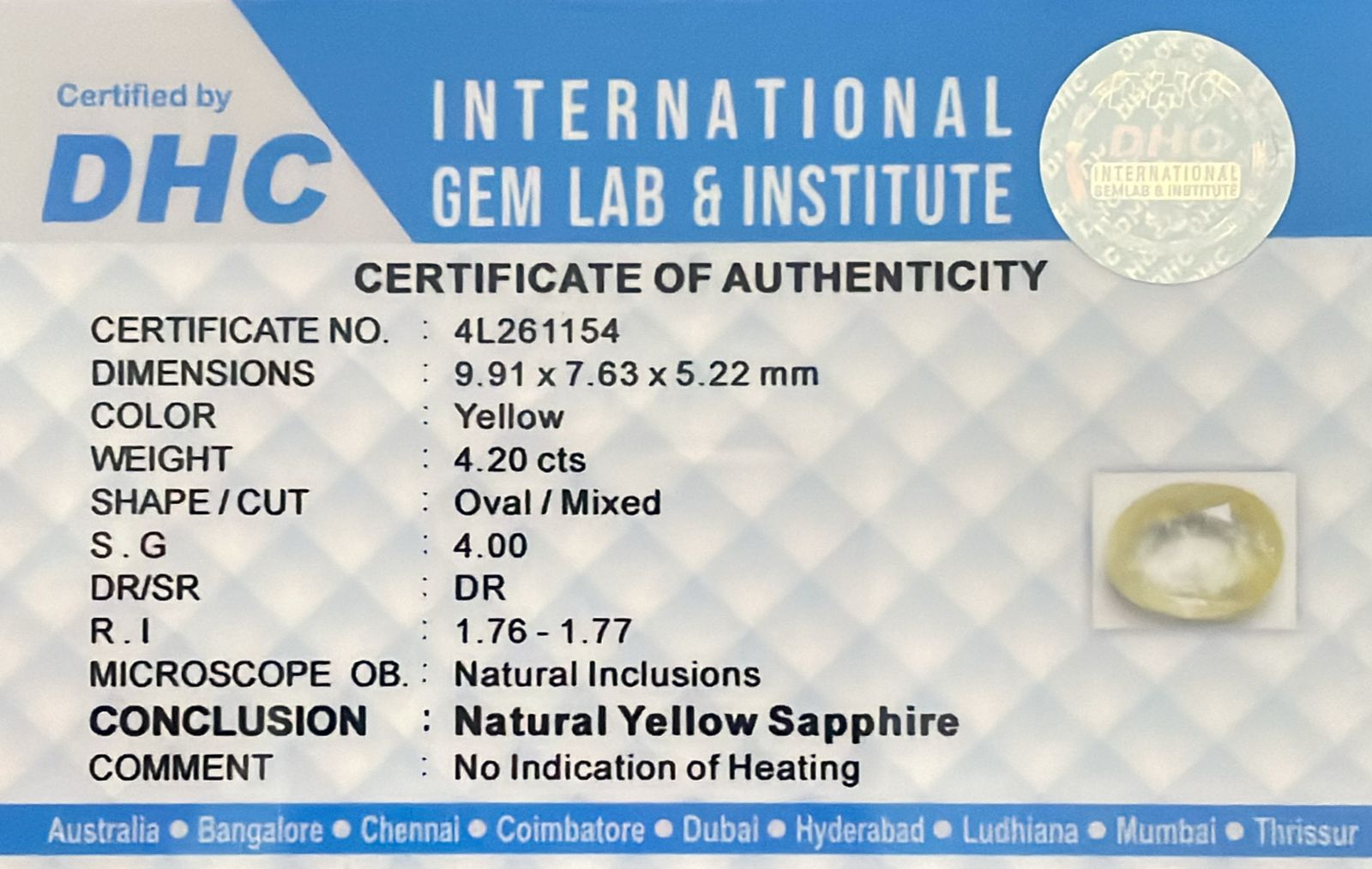 Natural Yellow Sapphire 4.20 cts